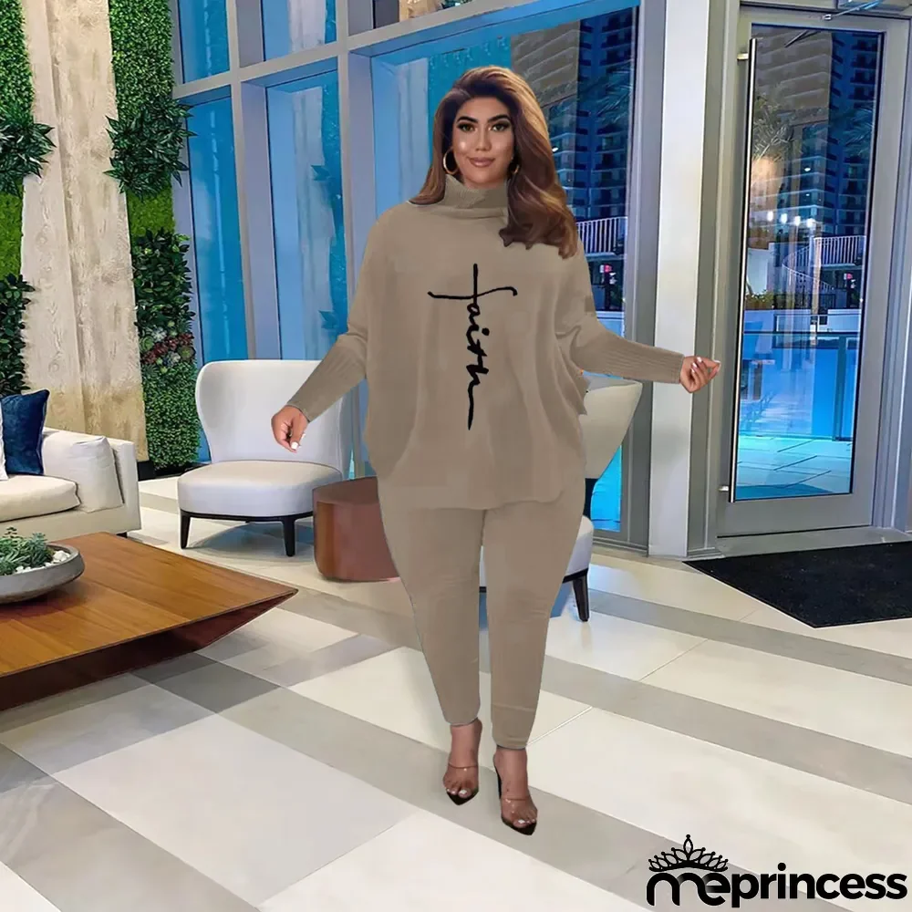 Letter Print High Collar Pullover Pant Two Piece Set