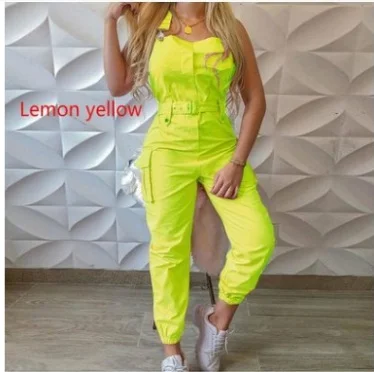 Uveng Uveng Women's Work-Packed Pocket Design Jumpsuit Sleeveless Backs And Trousers Simple Restraints Trousers + Belts