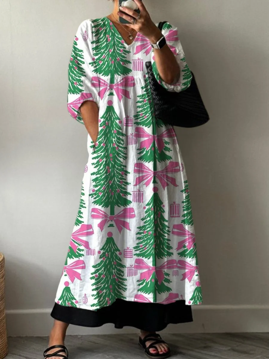 Women's Bow Christmas Tree Print Pocket V-neck Cotton Dress