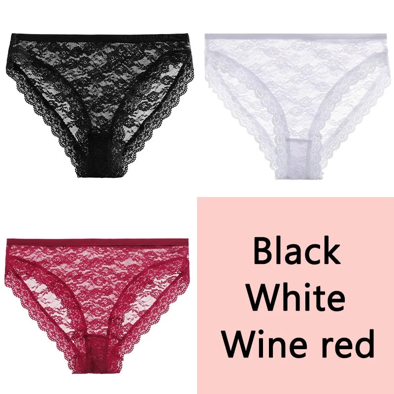 FINETOO Full Lace Briefs Panties Sexy Women Underwear M-2XL Low Waist Underpants Transparent Floral Panty Ladies Lingerie 3Pcs
