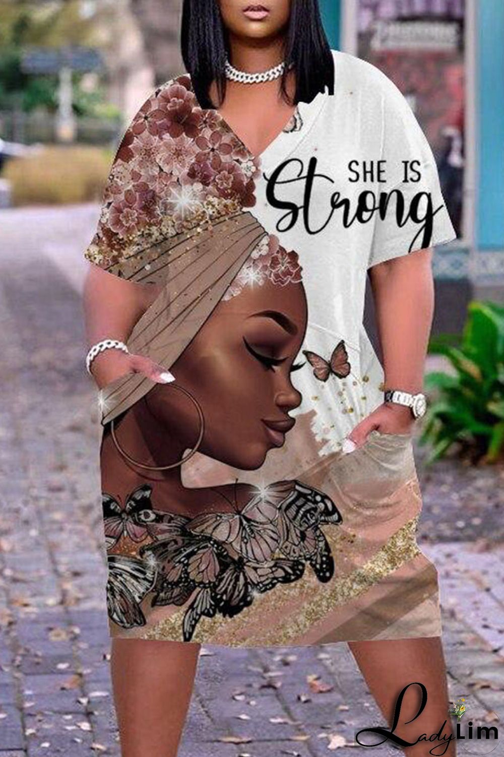 Beige Casual Street Print Patchwork V Neck Straight Dresses