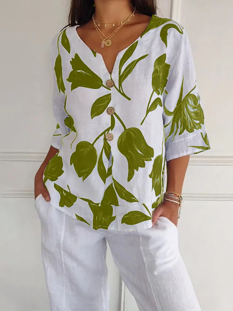 Cotton Floral Print Button Decor Women Shirt