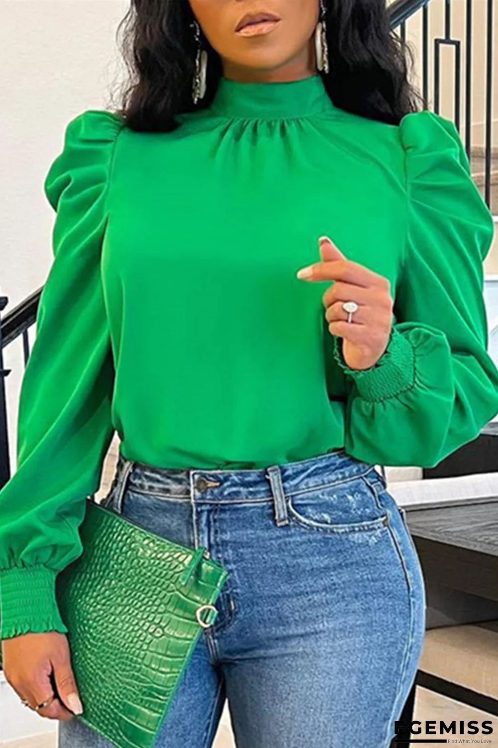 Green Fashion Casual Solid Basic Turtleneck Tops | EGEMISS