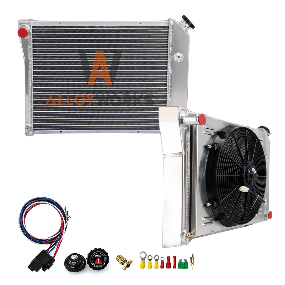 Alloyworks 3 Row Aluminum Radiator with Shroud Fan Relay For 1968-1974 Chevy Bel Air/Impala/Nova 18 5/7''H x 26 3/4''W