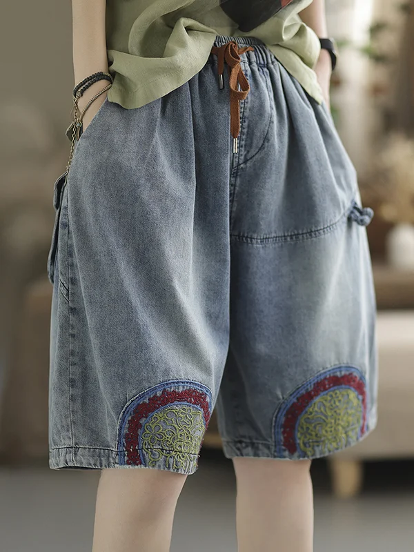 Urban Drawstring High Waisted Embroidered Denim Shorts