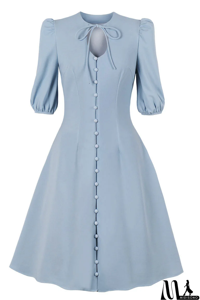 MidiSono - Sky Blue Half Sleeves A-Line Midi Dress