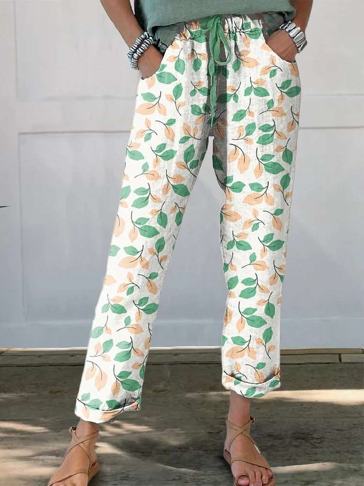 Women's Flower Printed Cotton And Linen Casual Pants