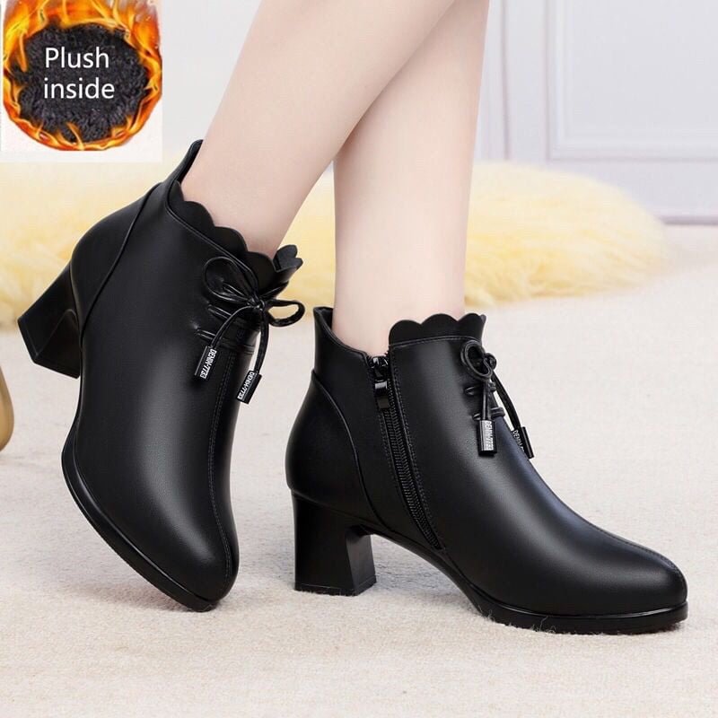 Mother Shoes Cotton Shoes Mid-heel 2020 Autumn and Winter Plus Velvet Real Cowhide Short Boots Thick Heel Women's Boots Non-slip