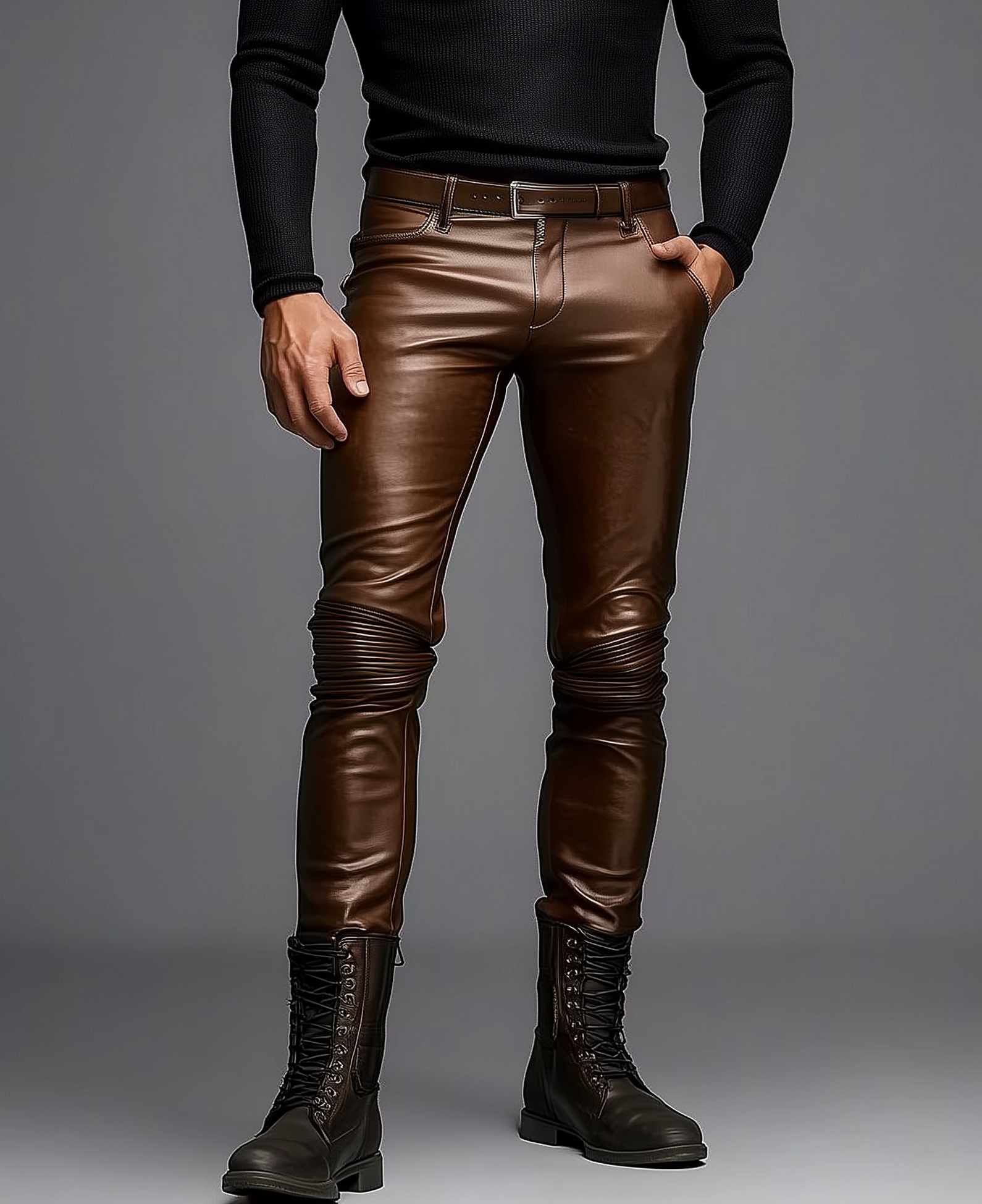 Okaywear Solid Slant Pocket PU Leather Slim Fit Pants