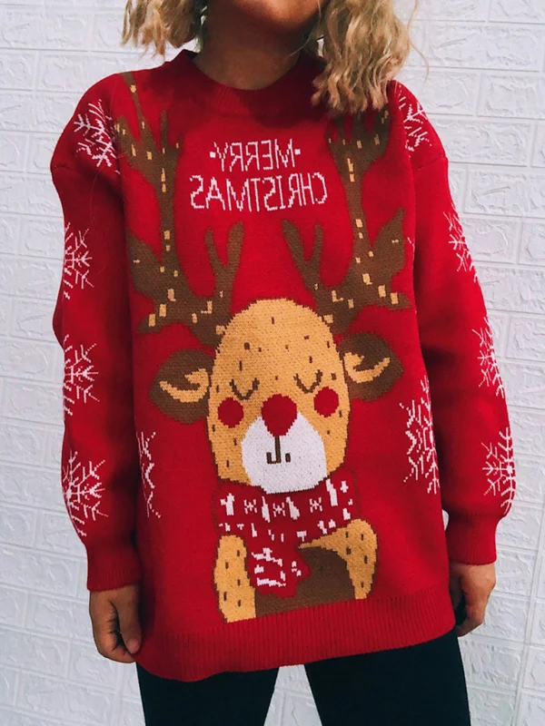Women's Christmas Themed Sweater Snowflake Elk Crew Neck Long Sleeve Knit Pullover Flusfy