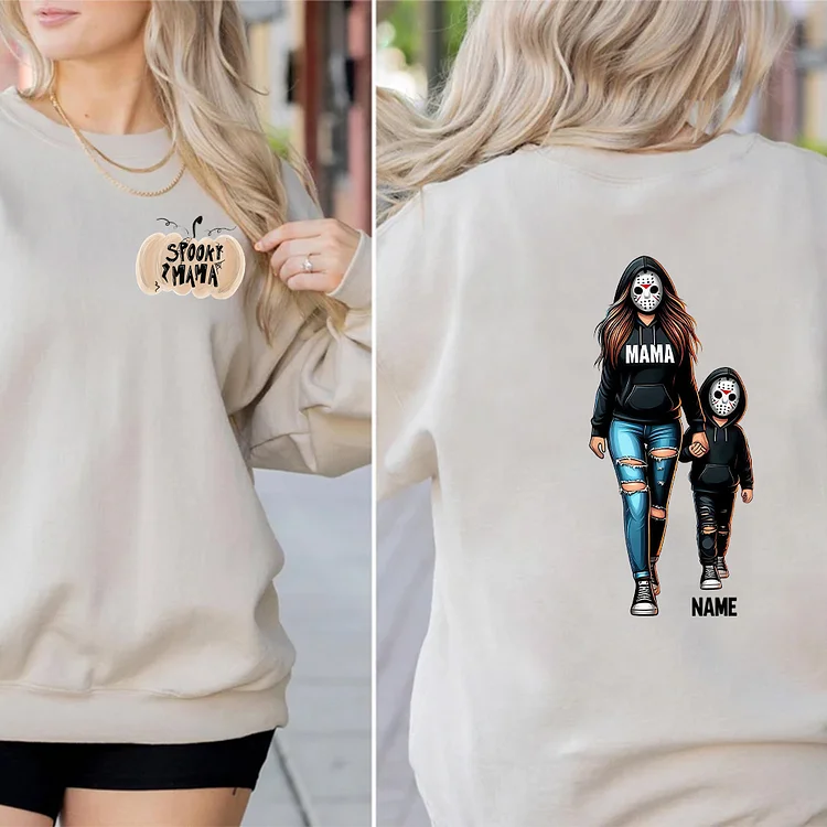 Custom Spooky Mama Hoodie, Halloween Horror Mama Custom Kids Name Sweatshirt