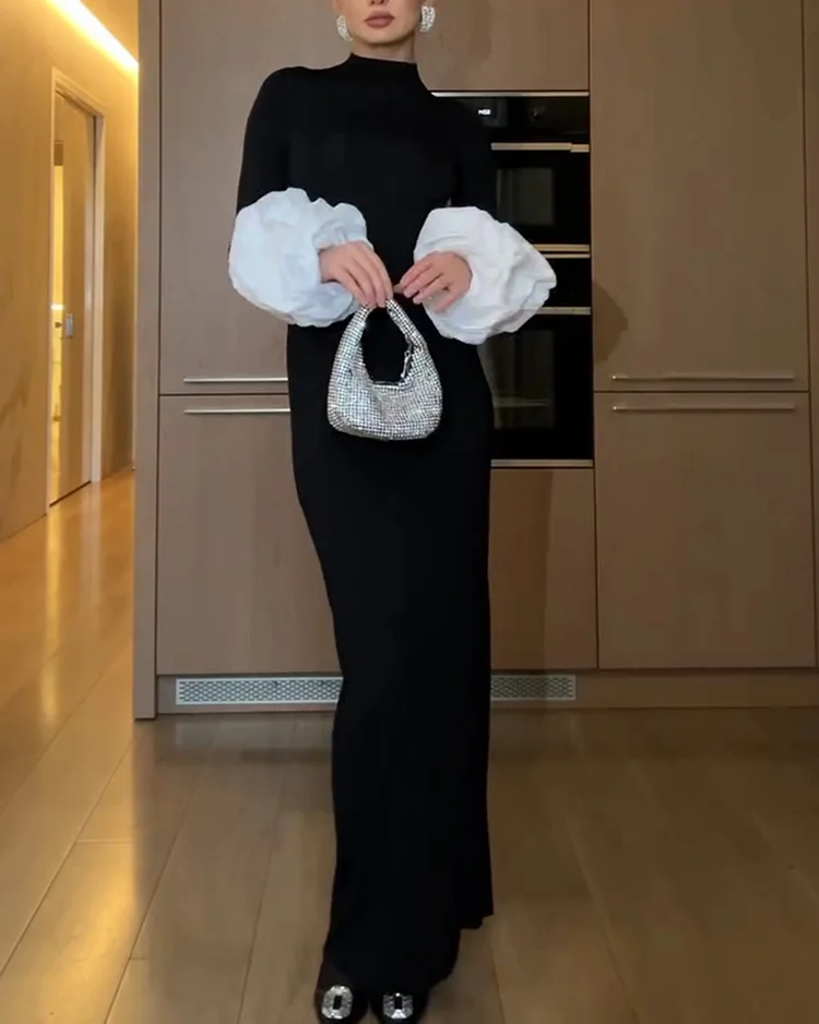 Women's contrast color long sleeve slim dress