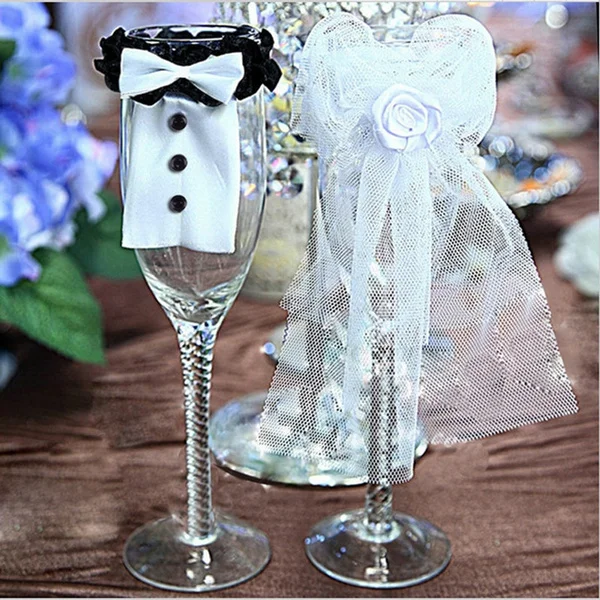 Fine Wine Glass Set Bride and Groom Floral Tiara