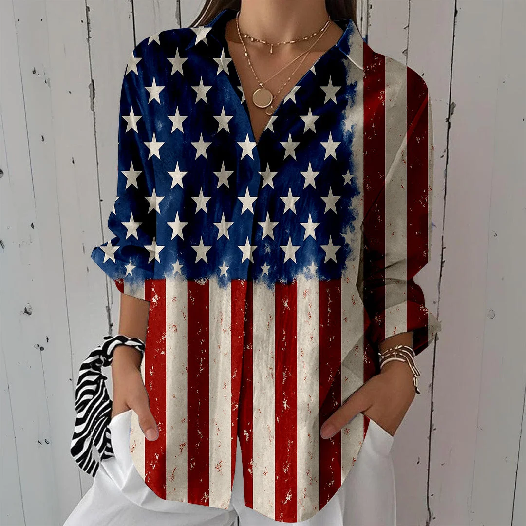 Style & Comfort for Mature Women Women  Independence Day, Star, Striped, Blue, Red DZCL0246 3/4 Sleeve Shirt Collar Printed Button Tops