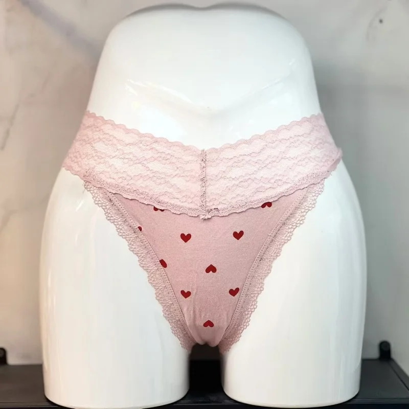 Athvotar Athvotar Breathable Cotton Splicing Lace T-Shirts Heart-Shaped Printed Cotton Lace Side Plus-Size Low-Rise T-Sants Ladies Trousers