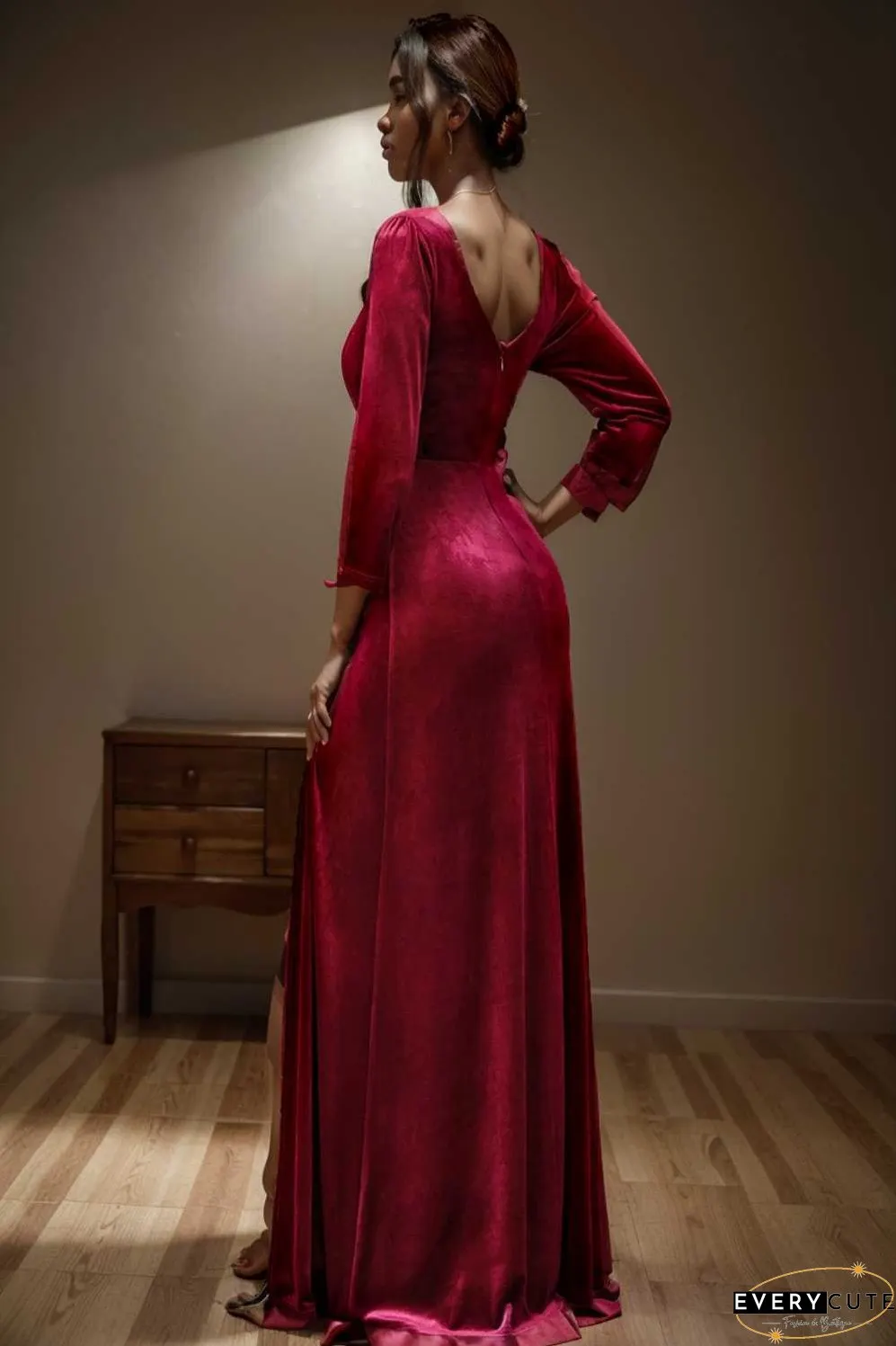 velvet 3 4 length sleeve illusion v neck front slit evening dress