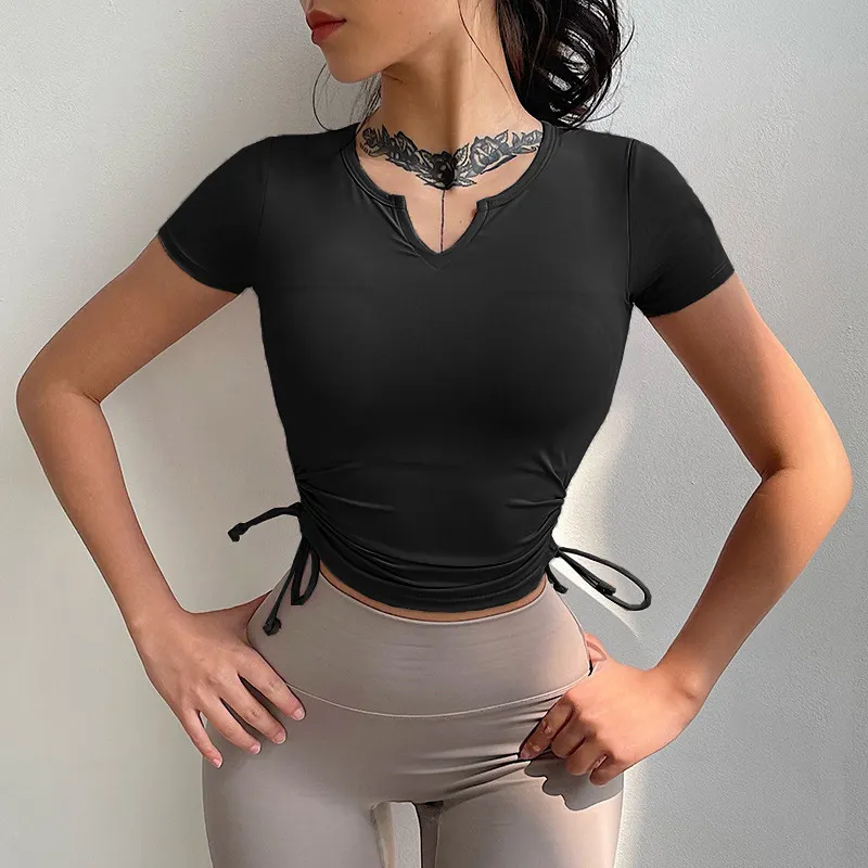 Pure Color Lace Up Slim Sports T-Shirt