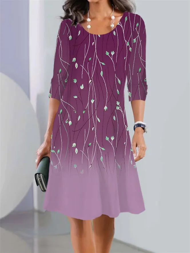 Women's Floral Printed  Graphic Stitching Scoop Neck Long Sleeve Midi Dress