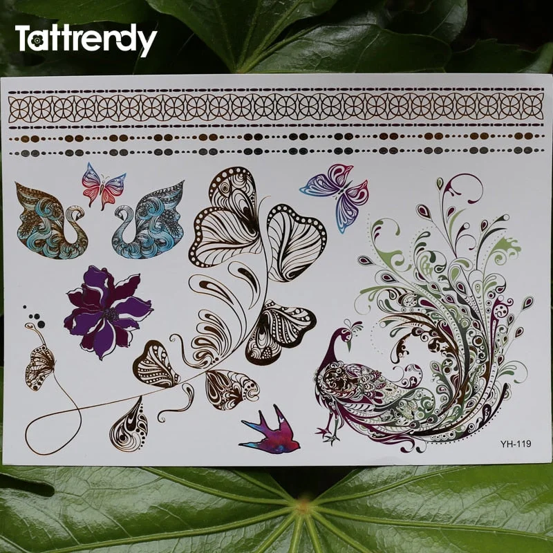 Flash Metallic Waterproof Tattoo Temporary Color Gold Silver Women Fashion Peacock Feather bird Design Sticker on the body YH119