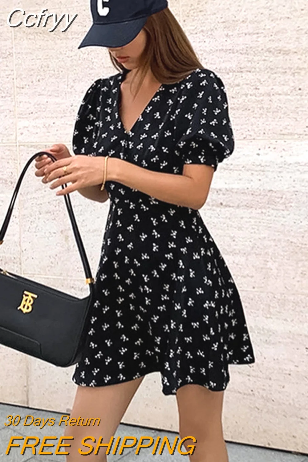 Huibahe Summer Elegant V-Neck High Waist Print Dress Women Puff Sleeve Split Mini Dress Casual Office Lady Split Dress 2023