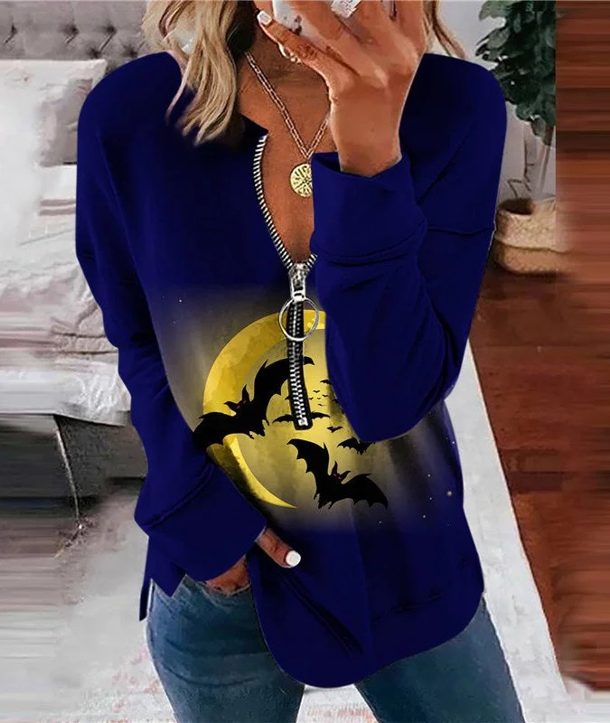 Halloween Half-zip Pumpkin Bats Printed Casual Long-sleeved T-shirt