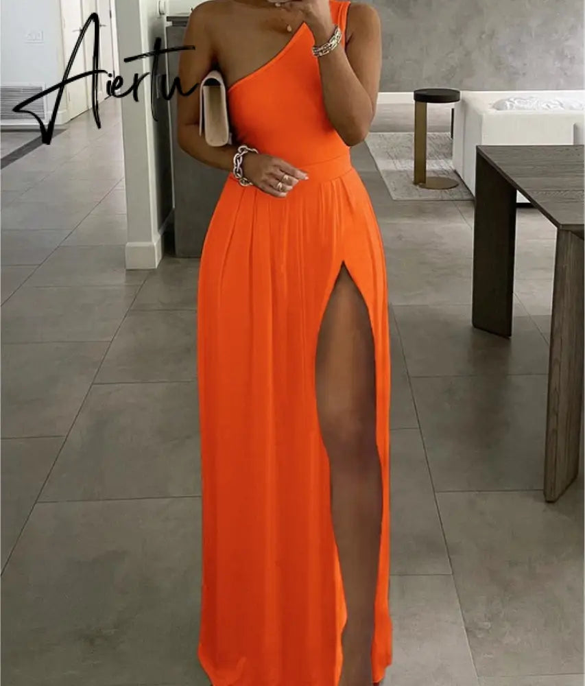 Summer Women High Slit One Shoulder Maxi Dress Party Dress Outfits Aiertu