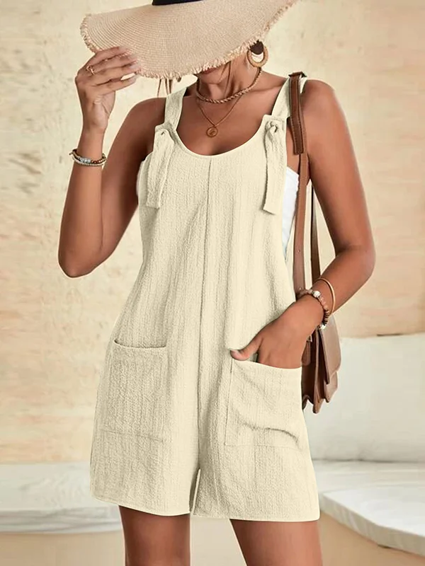 Loose Sleeveless Solid Color U-Neck Rompers