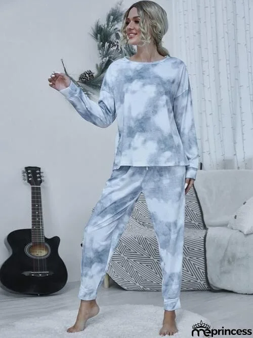 Tie-dye Round Neck Top and Drawstring Pants Lounge Set
