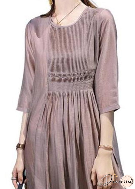 Retro Coffee O-Neck Wrinkled Linen Holiday Long Dresses Short Sleeve