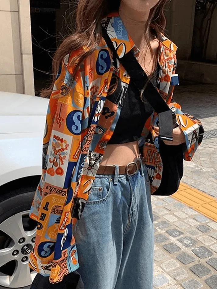 Brownm Vintage Mixed Print Long Sleeve Blouse