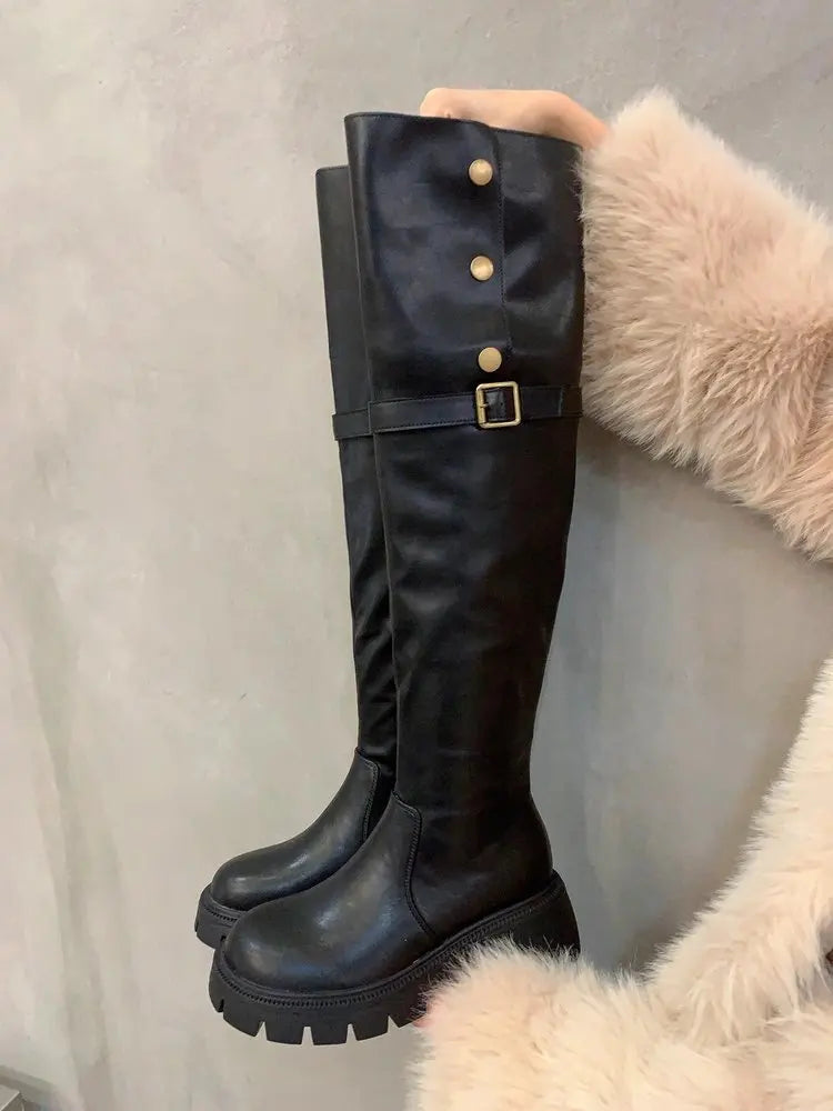 Autumn Winter Platform Women Over The Knee High Boots Fashion Slip On Thick Heels Shoes Ladies Knight Long Botas De Mujer Aiertu