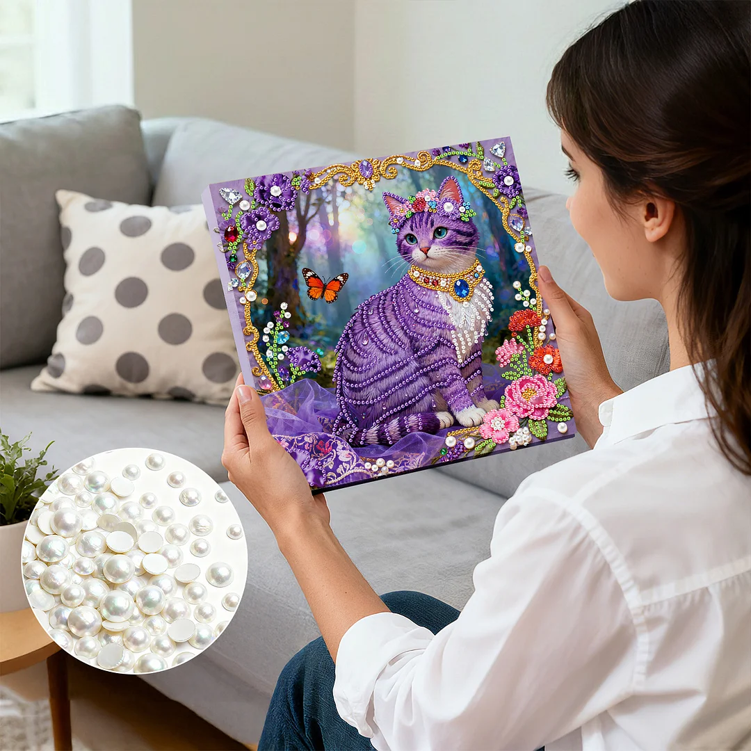 Purple Cat Art Diamond Painting Kit for Adults Home Decor 25x25cm With Frame