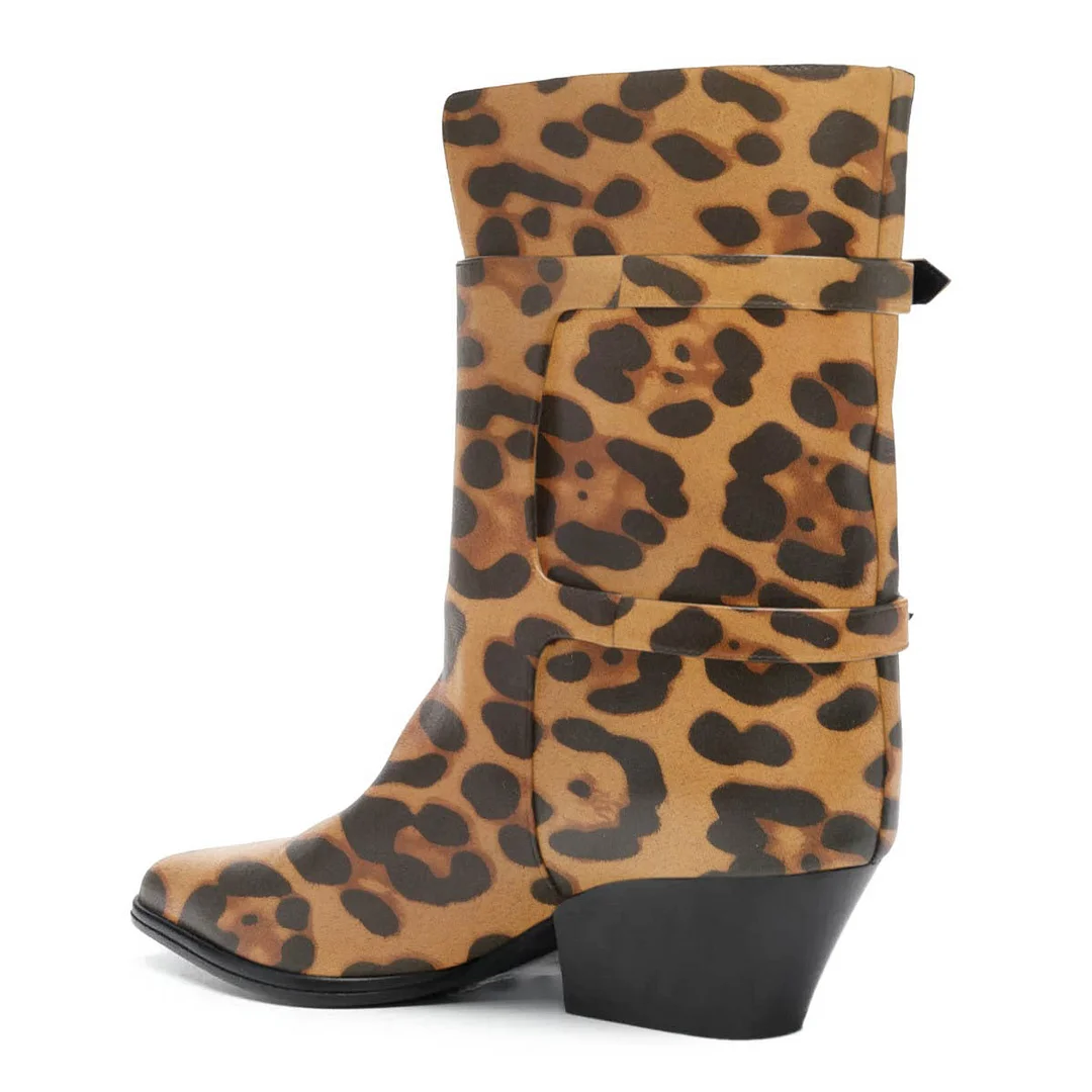 Brown & Black Leopard Print Double Buckle Strap Heeled Booties