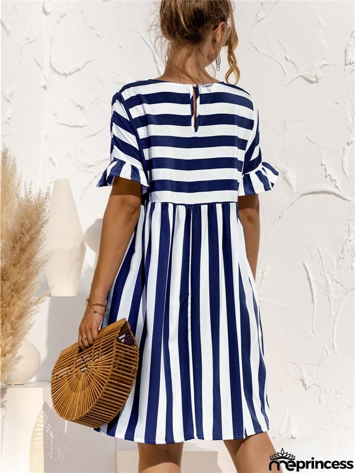 Relaxed Fit Round Neck Striped Ruffled Short Sleeve Flare Midi Dress