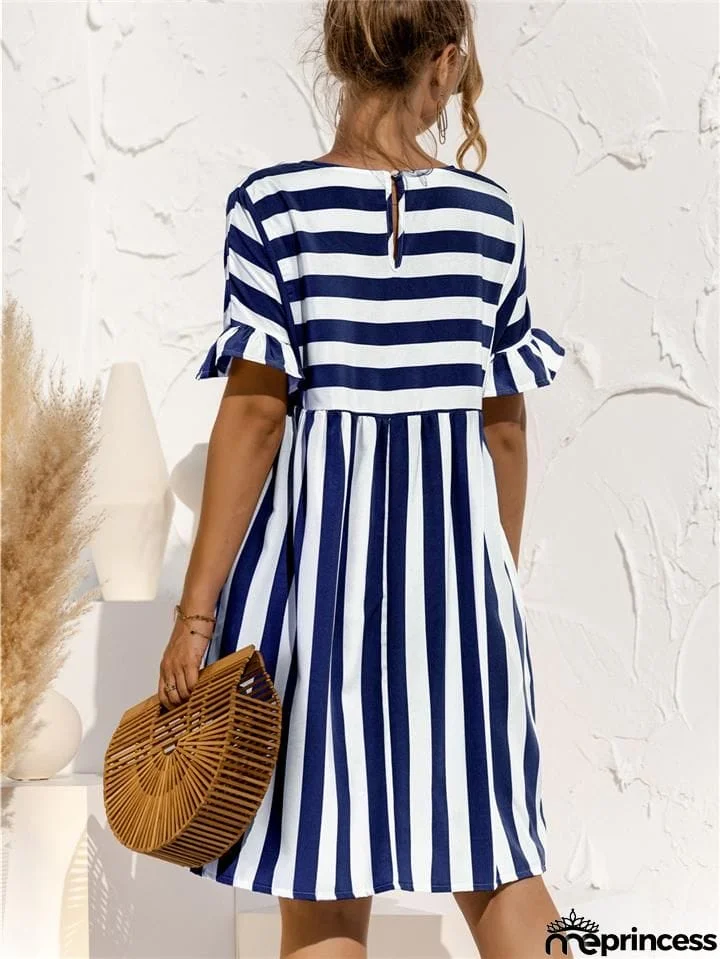 Relaxed Fit Round Neck Striped Ruffled Short Sleeve Flare Midi Dress