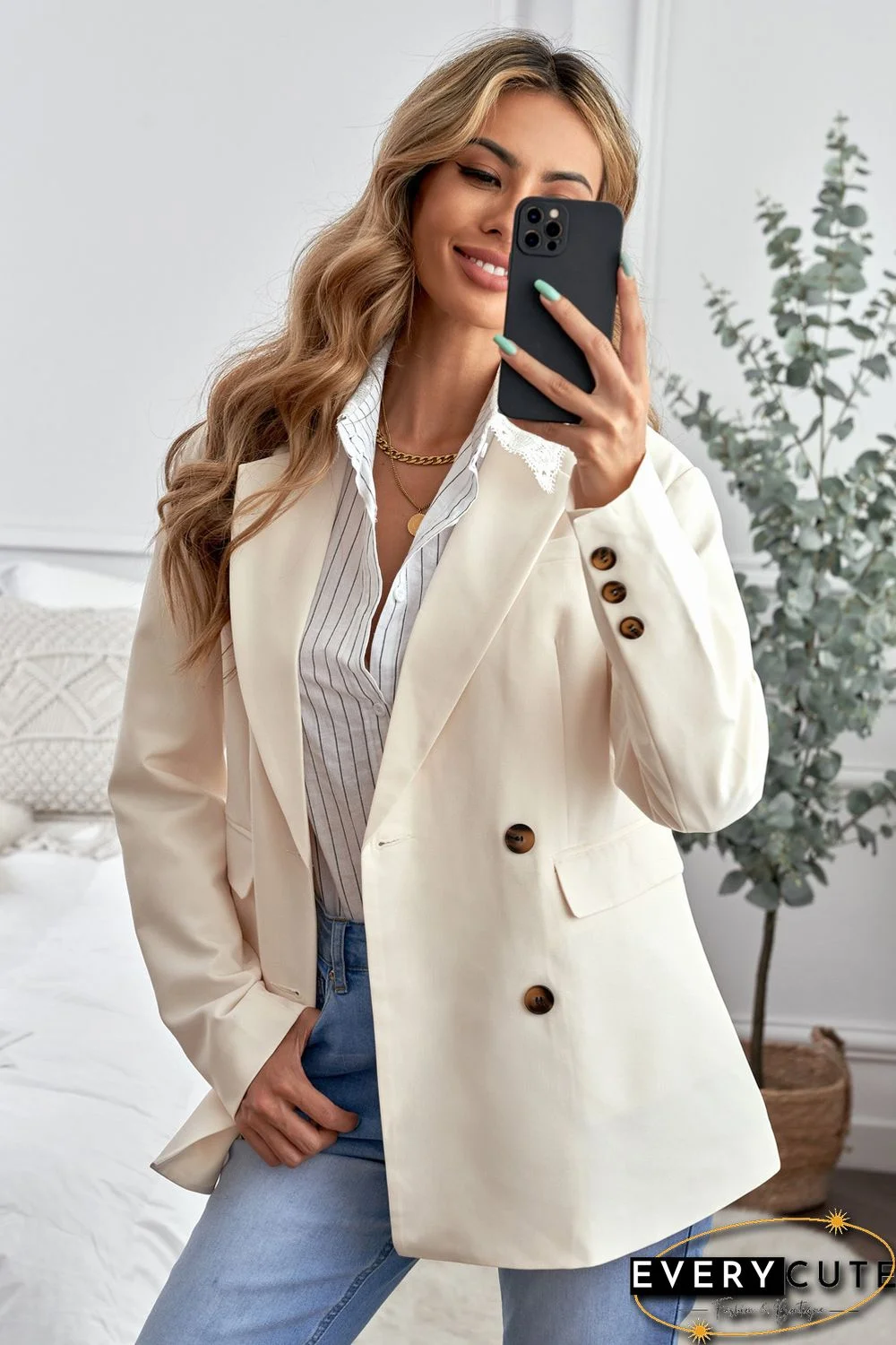 Apricot Turn-Down Collar Buttons Blazer with Pockets