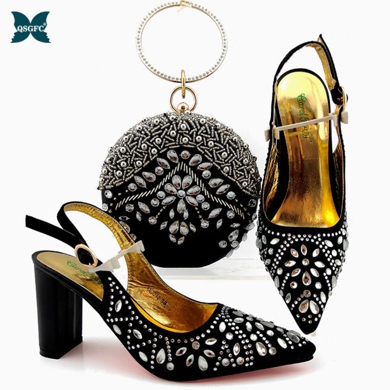 New Arrival Winter Silver Color Italian Design Women Shoes and Bag Set African Matching Shoes and Bag for Royal Party