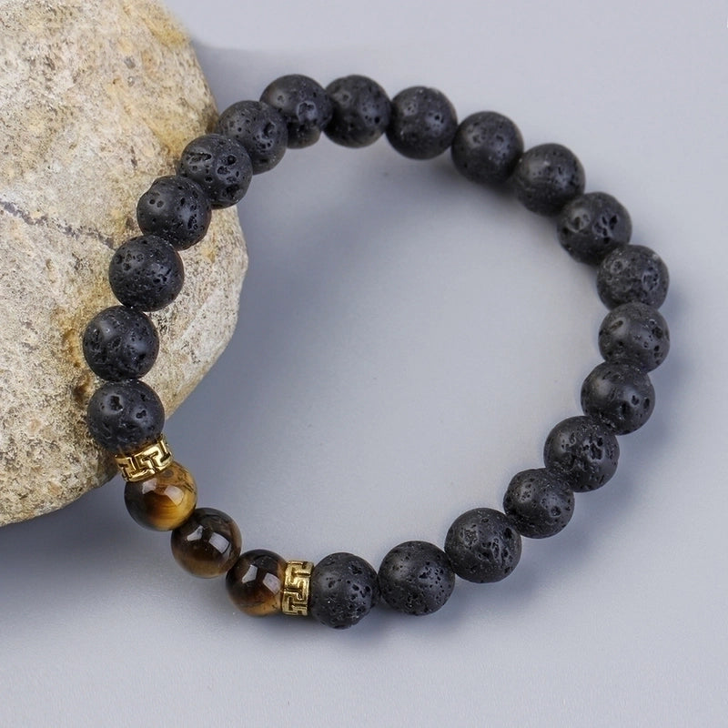 Retro Round Volcanic Rock Agate Tiger Eye Beaded Unisex Bracelets