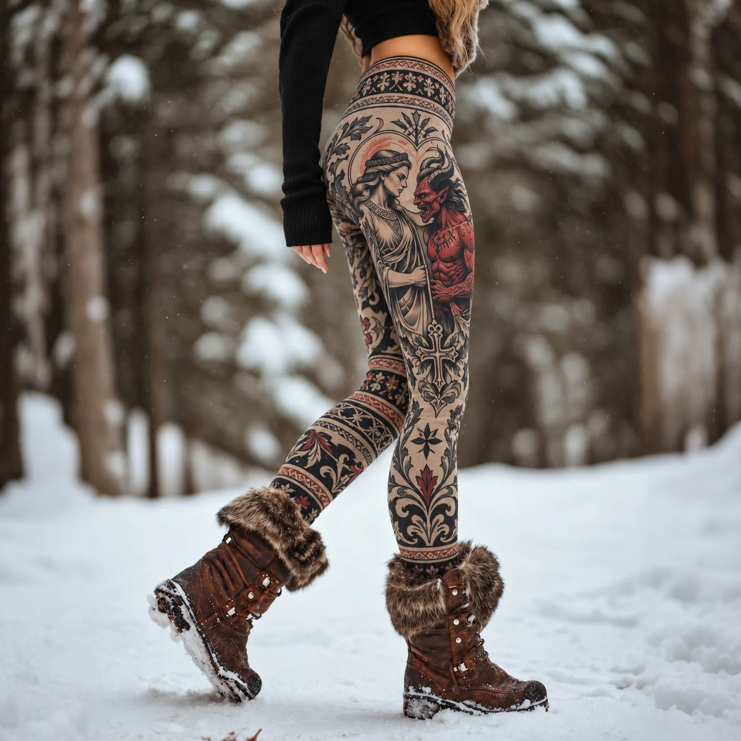 Comstylish Women's Retro Angels And Demons Traditional Tattoo Print Elastic Leggings