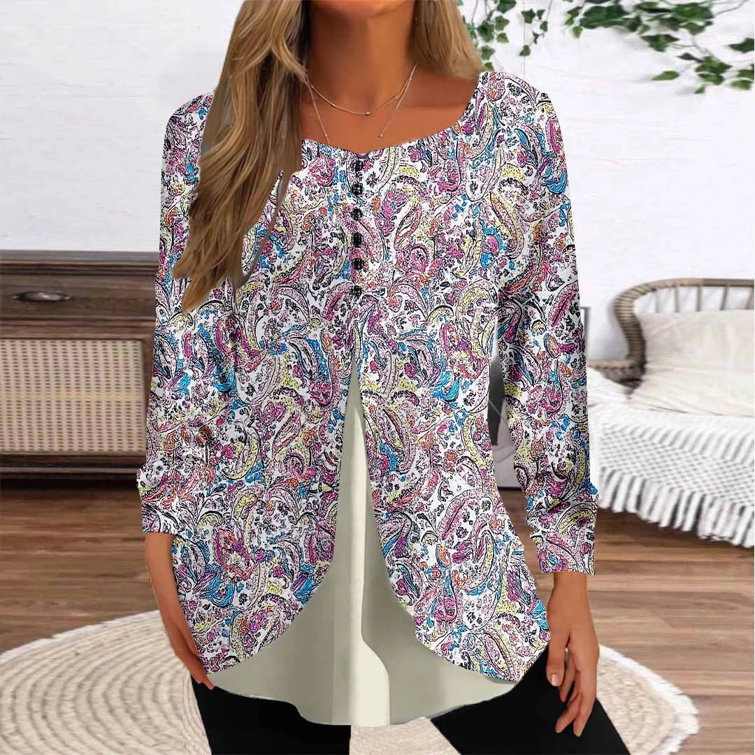 Women Graphic,Purple DZGG8288 Long Sleeve Scoop Neck Printed Graphic Button Fake 2in1 Tops