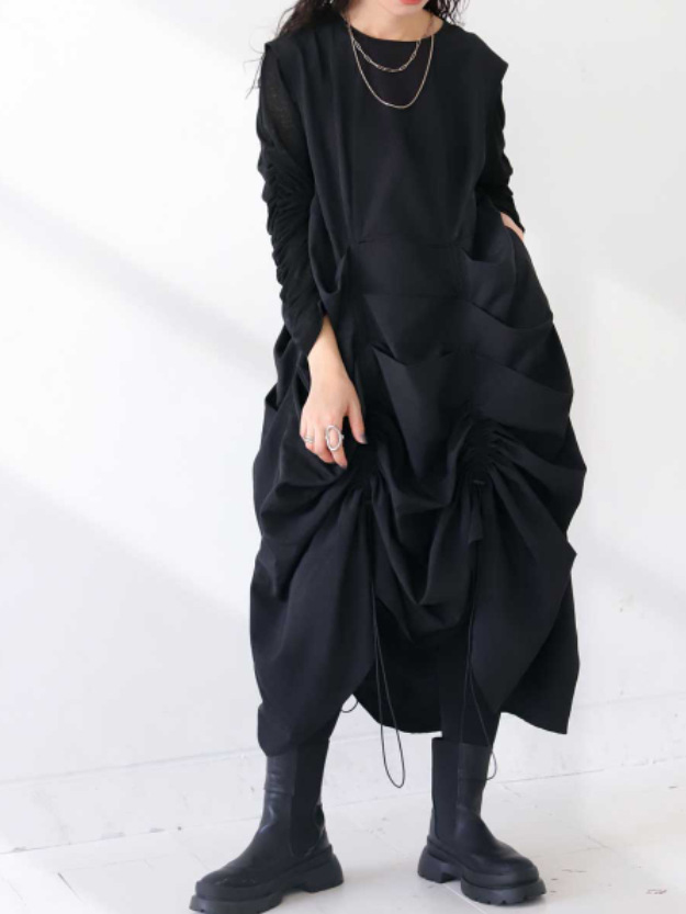 Ruched Detail Drawstring Sleeveless Loose Midi Dress