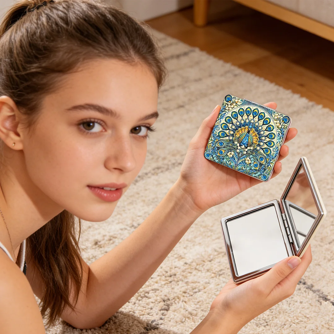 Blue Peacock DIY Special Shaped Diamond Painting Compact Mirror Kits Diamond Art Painting Pocket Mirror for Adults and Beginners