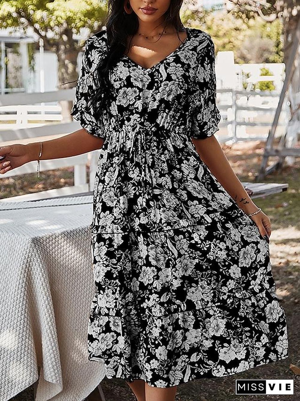 Women's Swing Dress Knee Length Dress Black Blushing Pink Orange Green Navy Blue Short Sleeve Floral Print Spring Summer V Neck Casual  S M L XL