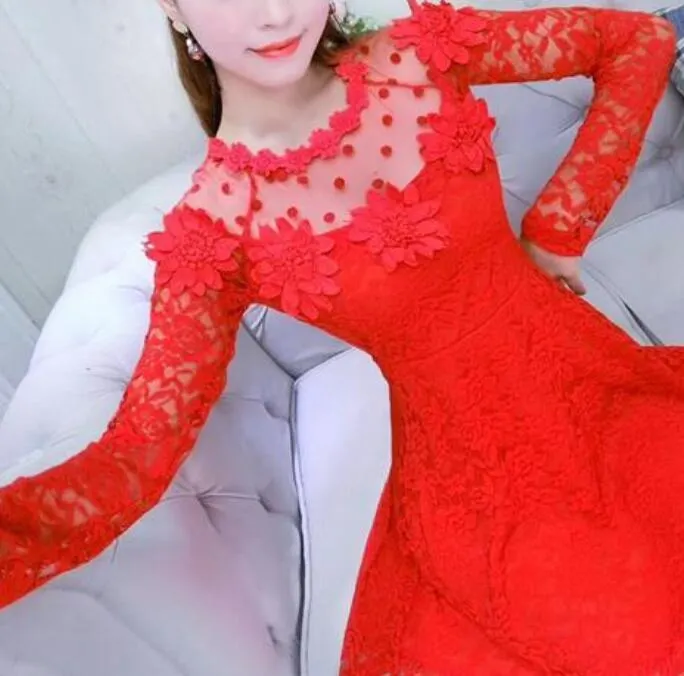 2020 Autumn New Flower Lace Women Dress Slim Long Sleeve Female Dresses