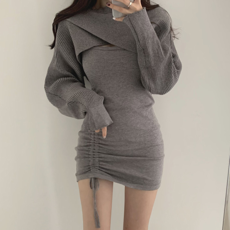 Y2K Long Sleeve Knit Crop Top Drawstring Dress Two-piece Suit
