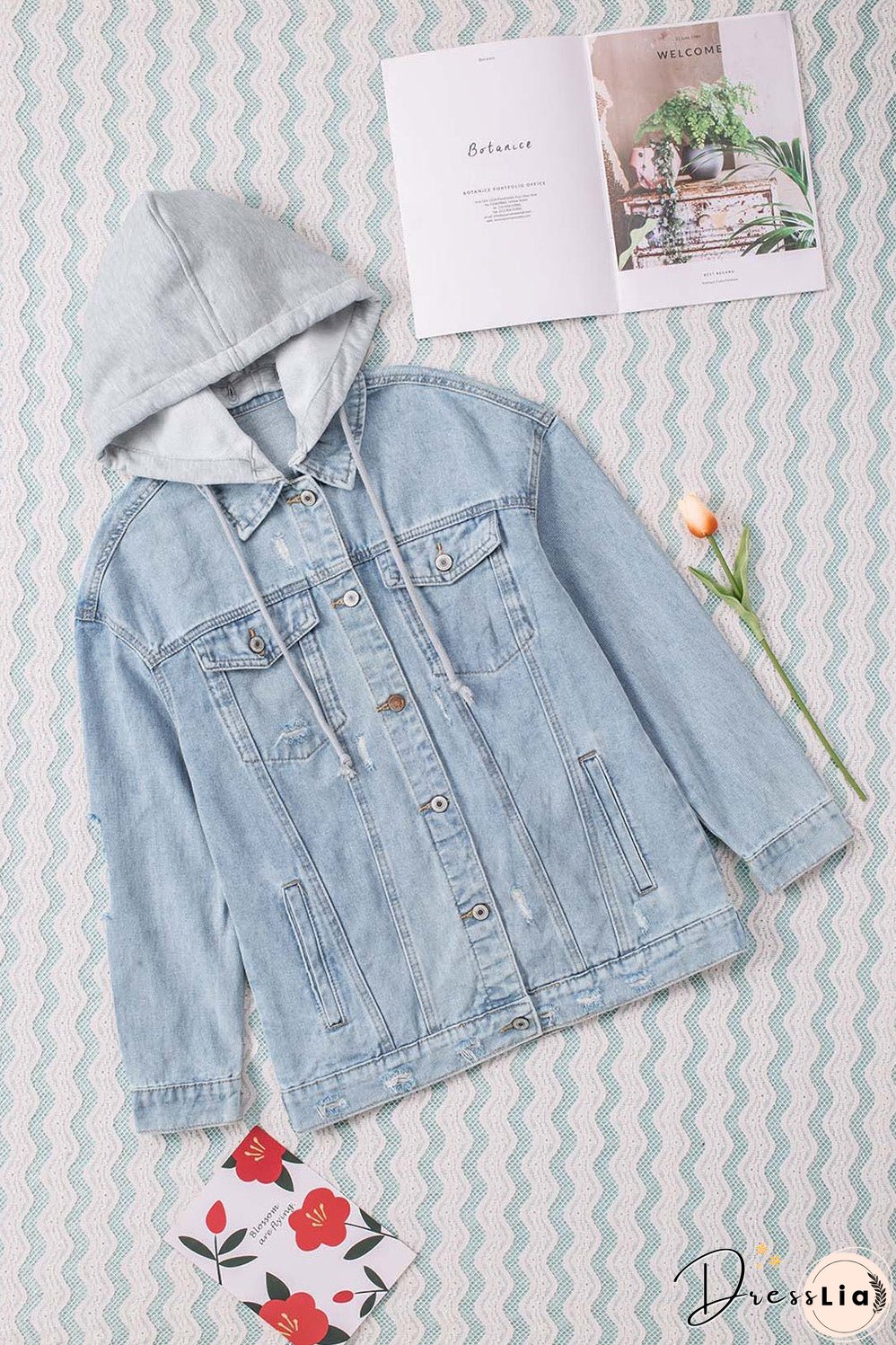 Button Closure Ripped Hooded Denim Jacket