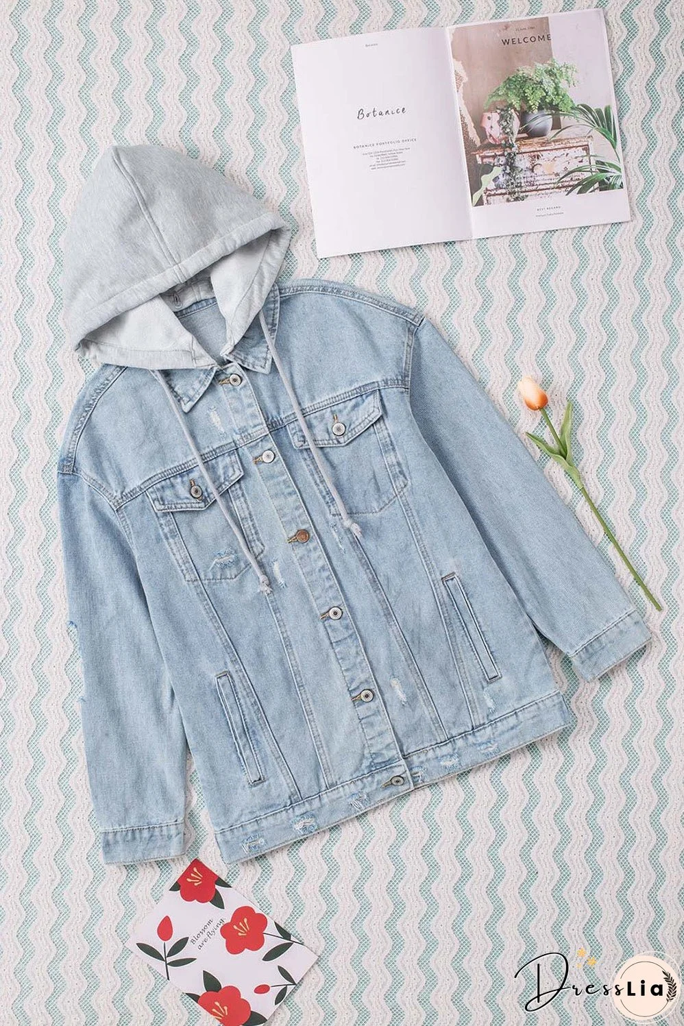Button Closure Ripped Hooded Denim Jacket