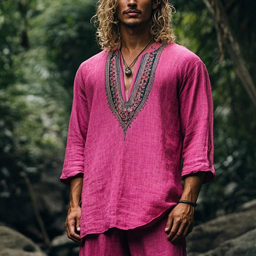 Men's Bohemian Holiday Style Vintage Ethnic Totem Printed Cotton And Linen Casual Tops-inspireuse