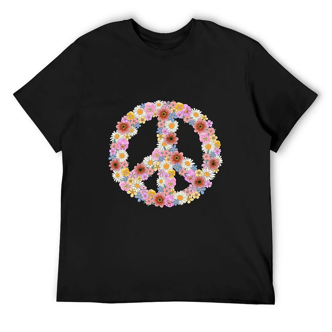 Women plus size clothing Printed Unisex Short Sleeve Cotton T-shirt for Men and Women Pattern hippie flowers sign-Nordswear