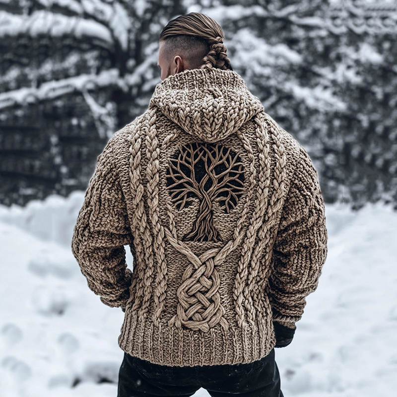 Men's Viking Tribal Tree Of Life Celtic Chunky Knit Hooded Sweater